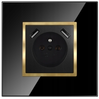 Gniazdo Gniazdko Pojedyncze Z Bolcem Czarne Złote W Ramce Szklanej 2x USB