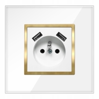 Gniazdo Gniazdko Pojedyncze Z Bolcem Białe Złote W Ramce Szklanej 2x USB