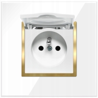 Gniazdko Szklane Pojedyncze Białe Złote Hermetyczne Kontakt Z Klapką IP44