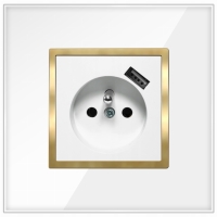 Gniazdo Gniazdko Pojedyncze Z Bolcem Białe Złote W Ramce Szklanej USB Typ A