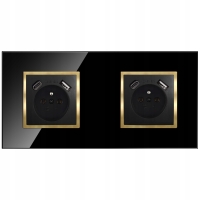 Gniazdko Podwójne Czarne Złote Szklane Z Bolcem Z Ładowarką USB Typ A+C