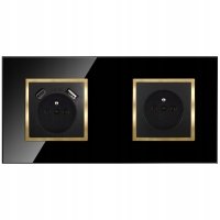 Gniazdko Podwójne Czarne Złote Szklane Z Bolcem Kontakt Ładowarka 2x USB C
