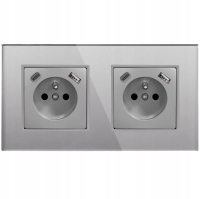 Gniazdko Podwójne Szare Szklane Z Bolcem Z Ładowarką USB Typ A+C 2.1A