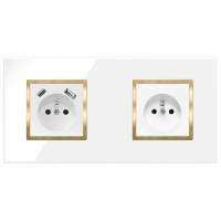 Gniazdko Podwójne Białe Złote Szklane Z Bolcem Kontakt Z Ładowarką 2x USB C