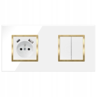 Włącznik Światła Podwójny Szklany Gniazdko Białe Złote Z Bolcem USB C