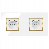 Gniazdko Podwójne Białe Złote Szklane Z Bolcem Z Ładowarką USB Typ A+C