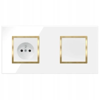 Włącznik Światła Szklany Biały Złoty Pojedynczy Gniazdko Z Bolcem QUADRA