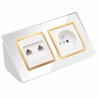 GNIAZDO SZKLANE MEBLOWE NAROŻNE BIUROWE RJ45 BIURKOWE BIAŁE ZŁOTE