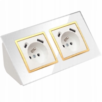 GNIAZDO PODWÓJNE SZKLANE MEBLOWE NAROŻNE BIURKOWE USB TYP C BIAŁE ZŁOTE